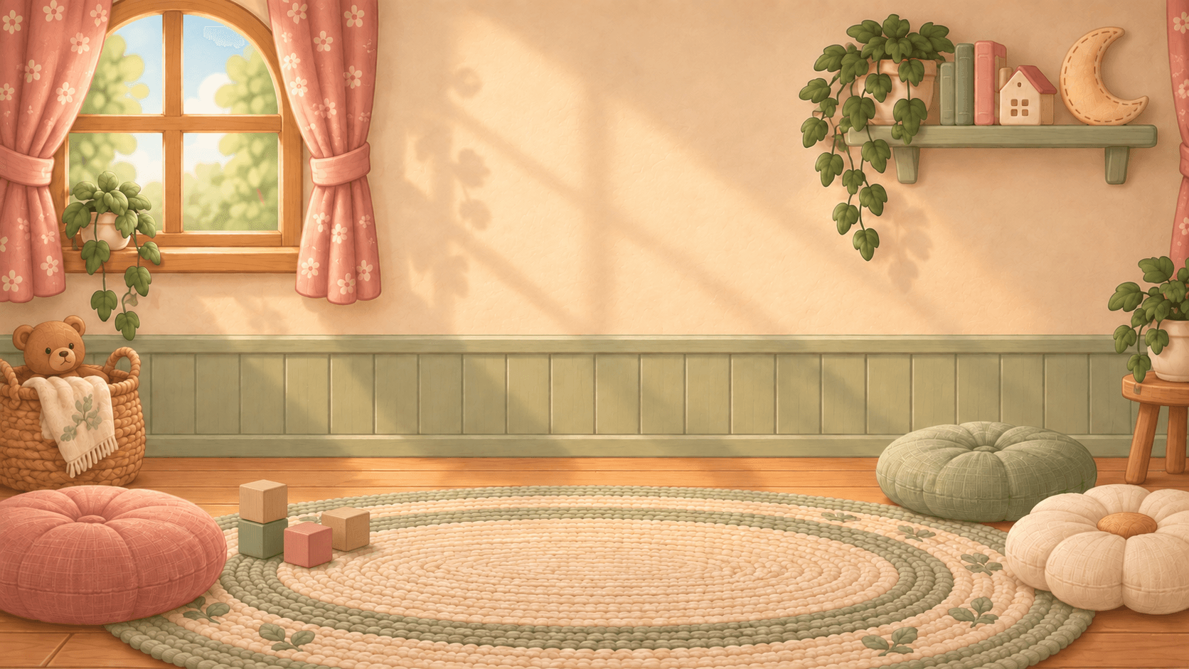 A warm illustrated nursery with a sunny window and a little teddy