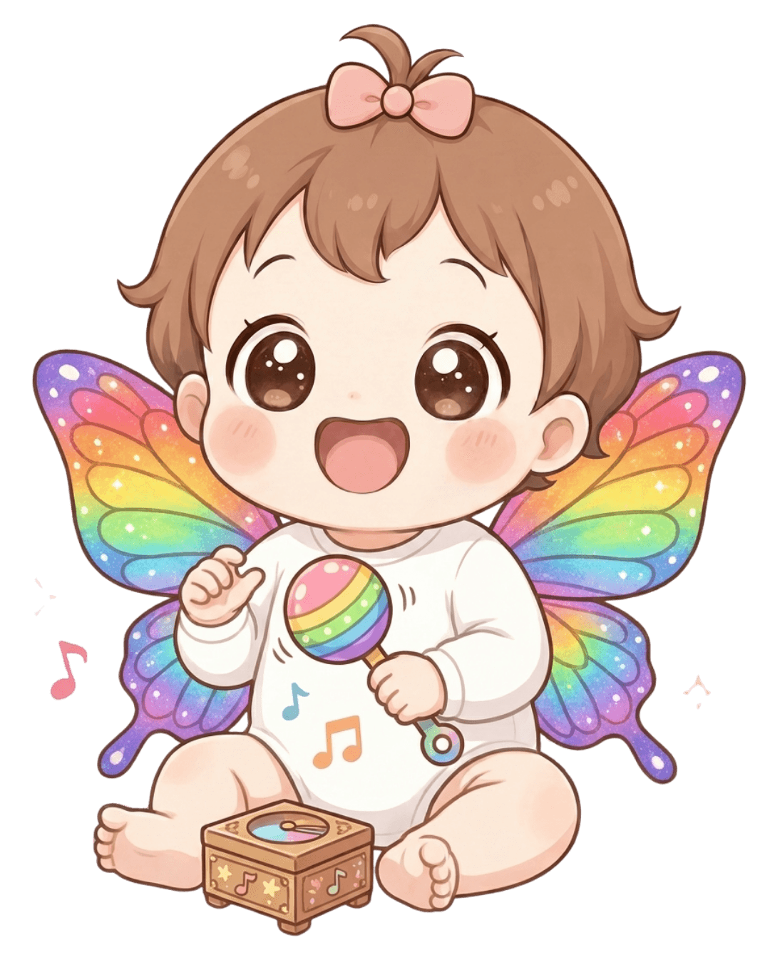 Kawaii AIdorable baby in rainbow fairy wings holding a rattle