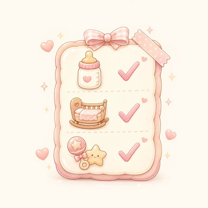 Kawaii baby care checklist with bottle, rocking cradle, and toy stamps