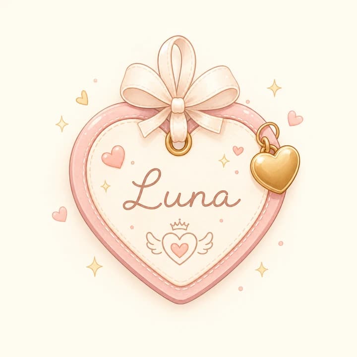 Kawaii heart-shaped baby name tag with Luna handwritten on it