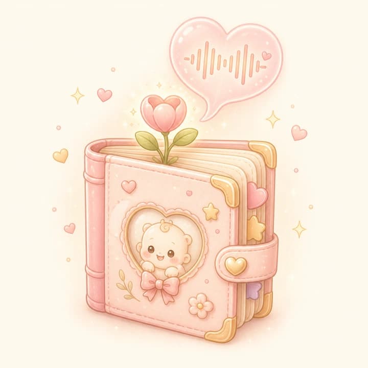 Kawaii baby keepsake book with a blooming flower and heart-shaped voice bubble