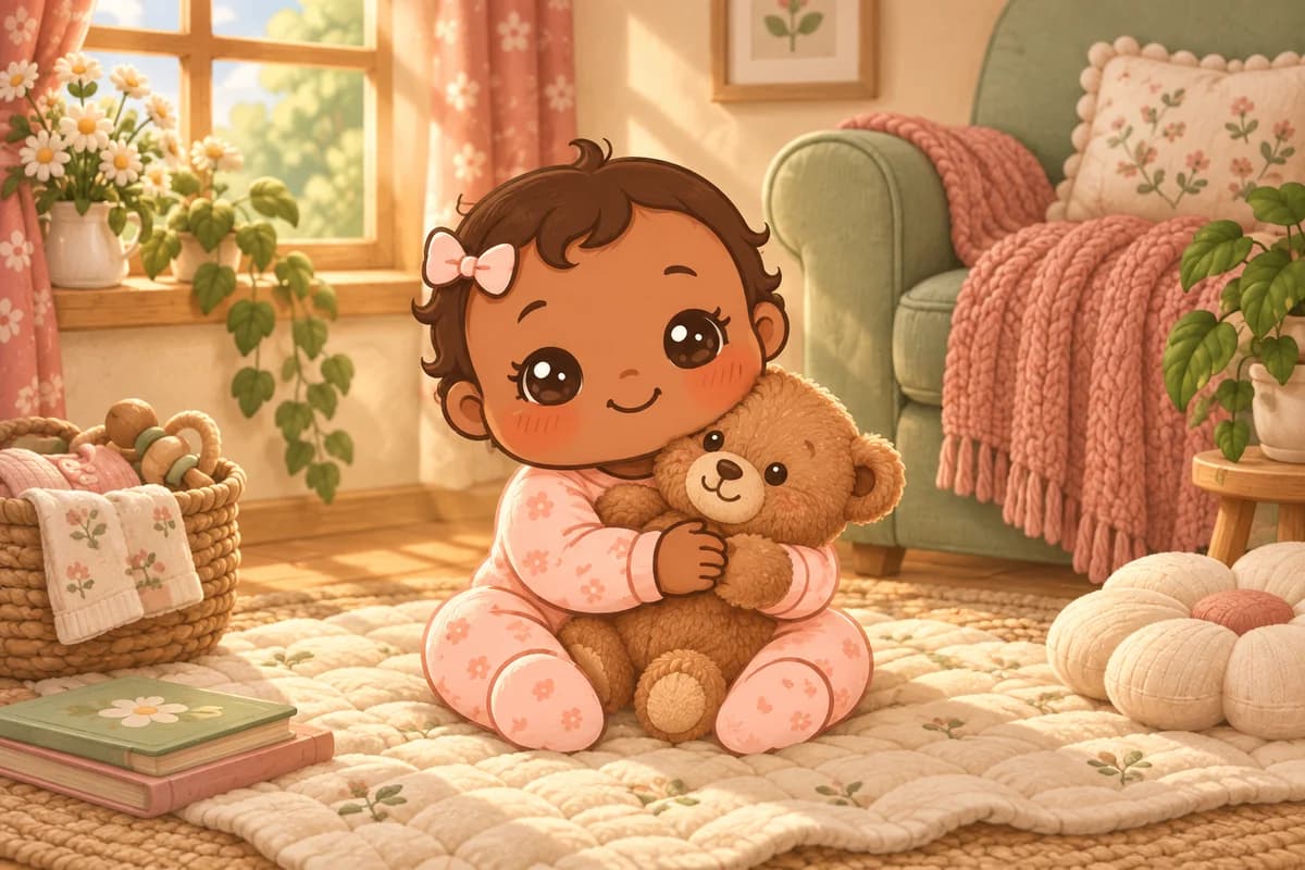 A smiling baby cuddles a teddy on a quilt in a sunlit nursery