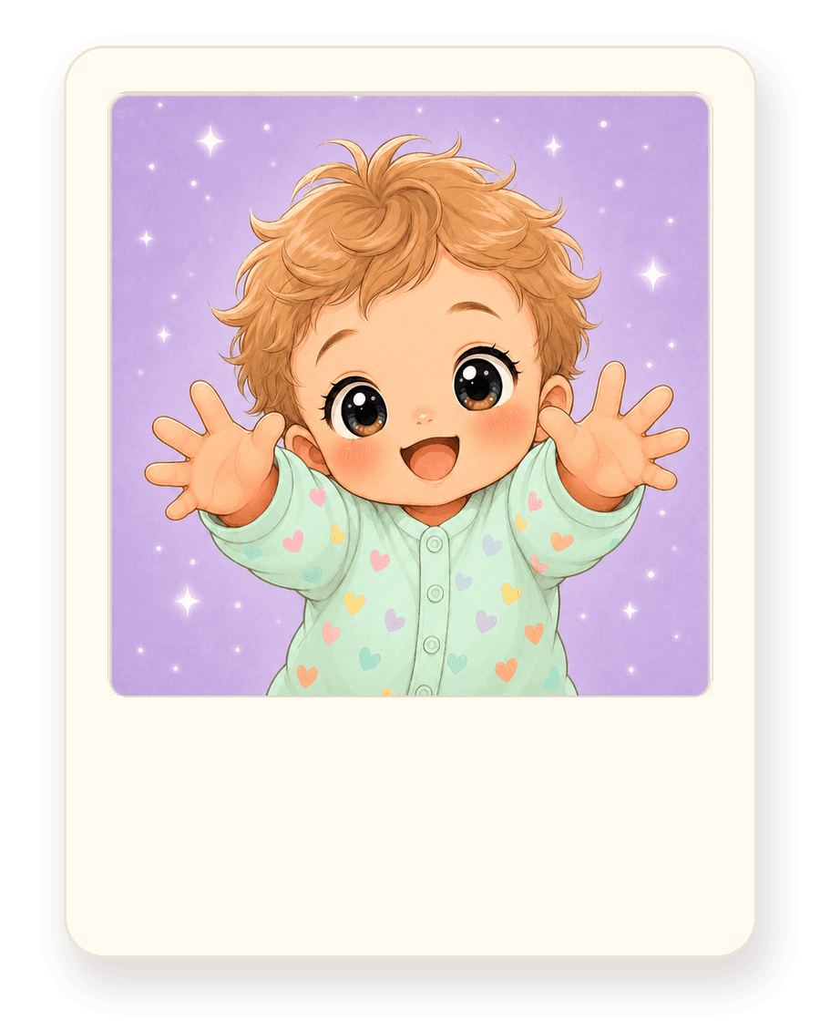 Kawaii blond baby boy reaching up in a Polaroid photo