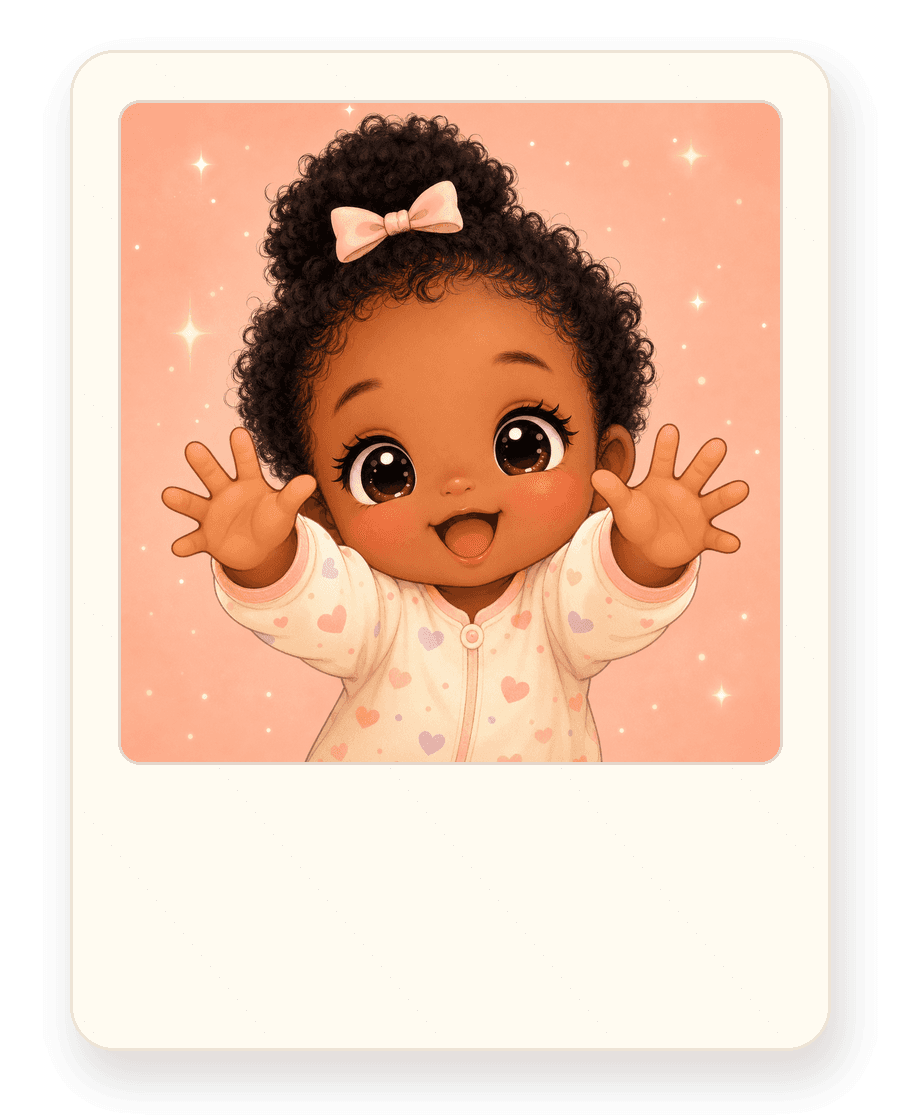 Kawaii baby girl with a bow reaching up in a Polaroid photo