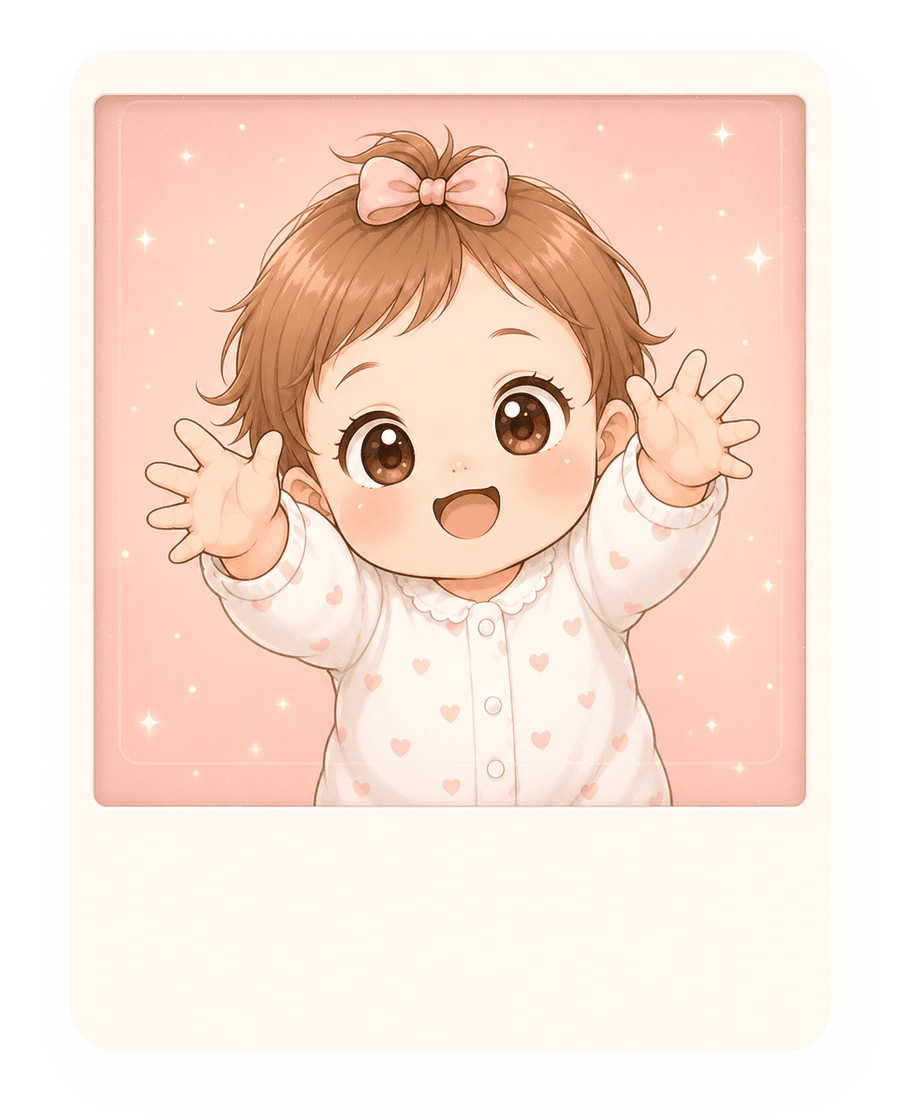 Kawaii baby girl reaching up in a Polaroid photo