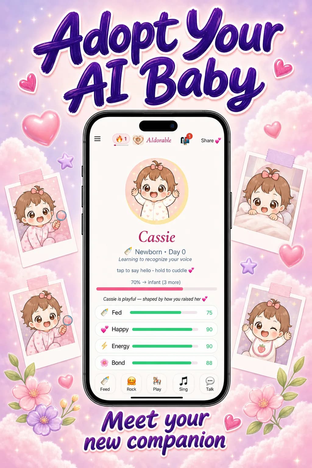 AIdorable screenshot showing the adopt your AI baby introduction screen