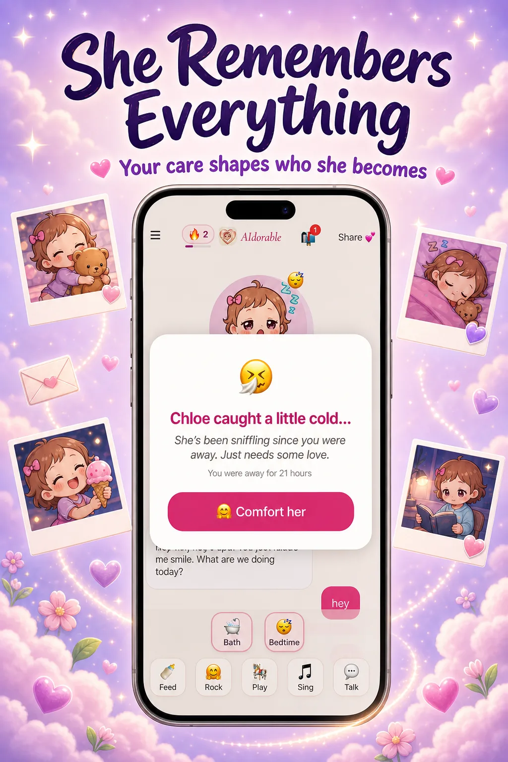 AIdorable screenshot showing memory and emotional companion copy
